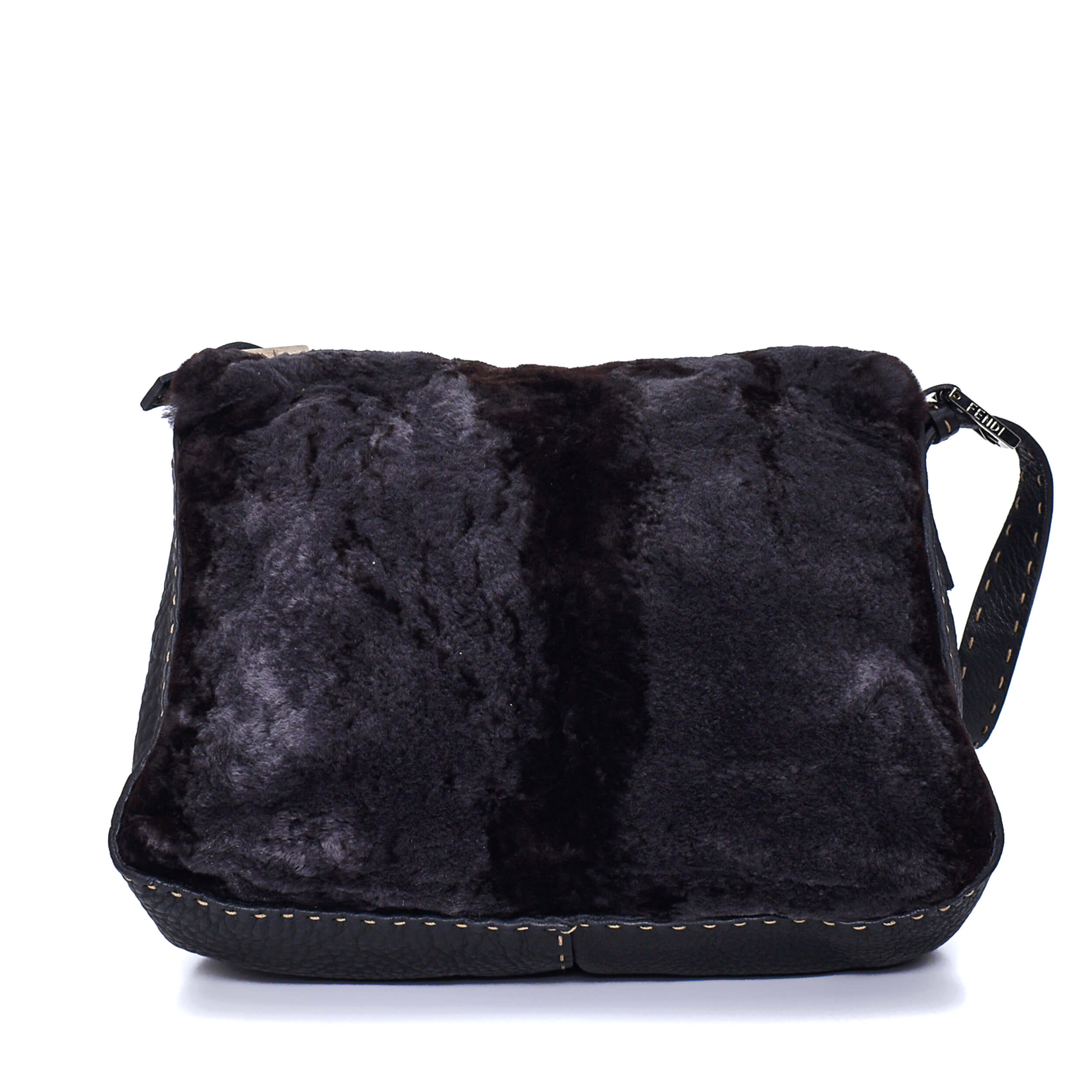 Fendi - Black Grained Leather & Fur Hobo Bag